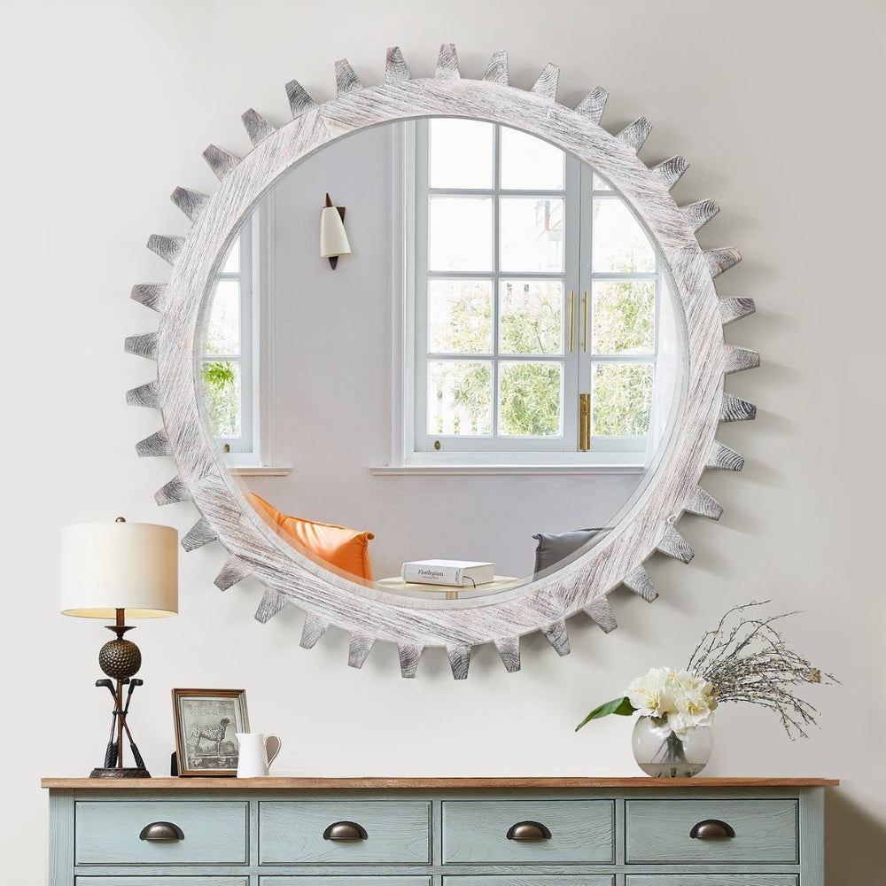 English Elm Vintage 42'' Gear-Shaped Hanging Mirror In Antique White - Rustic Decor For Any Room Display W1445P171996-GIGA