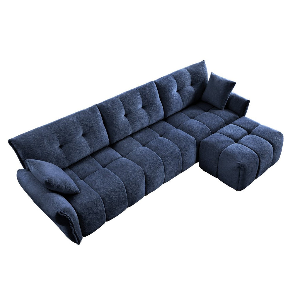 English Elm Three-Seat Sofa Set With Ottoman, Textured Blue Chenille & High-Resilience Cushions For Comfort W714S01149-GIGA