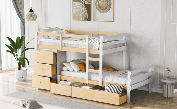 English Elm Twin Loft Bunk Bed with Built-In Drawers and Ladder, Space-Saving Twin over Twin Pine MDF Design Natural GX000424AAN