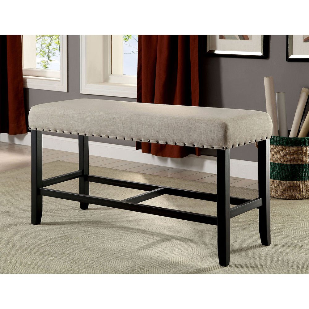 English Elm Rustic Counter Height Bench 44"W Beige Linen-Like Upholstery Nailhead Trim Distressed Black Wood B011P190158