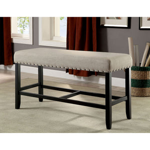 English Elm Rustic Counter Height Bench 44"W Beige Linen-Like Upholstery Nailhead Trim Distressed Black Wood B011P190158