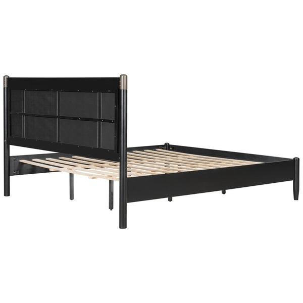 English Elm Solid Pine King Platform Bed with Upholstered Headboard and Industrial Metal Accents Black,Dark Grey N770PK361419B