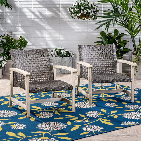 English Elm Christopher Knight Home® - HAMPTON Grey+Black Wood & Wicker Club Chairs Set of 2 — Handcrafted Acacia Frame, Mixed Black Wicker, Cozy 60397.00WTCLMBLK