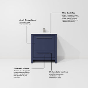 English Elm Navy Blue Single Bath Vanity Set With White Quartz Top, Gun Metal Faucet & 28 In. Mirror Included B2731S02045