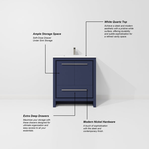 English Elm Navy Blue Single Bath Vanity Set With White Quartz Top, Gun Metal Faucet & 28 In. Mirror Included B2731S02045