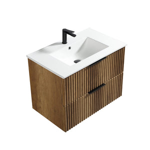 English Elm 30 Inch Floating Bathroom Vanity Fluted Wood Grain Front with Ceramic Integrated Sink W3520S00044
