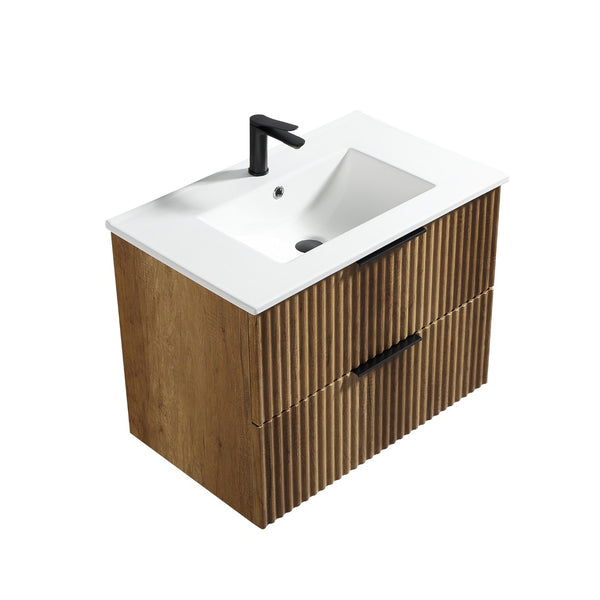 English Elm 30 Inch Floating Bathroom Vanity Fluted Wood Grain Front with Ceramic Integrated Sink W3520S00044