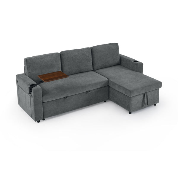 English Elm Modern Chenille Pull-Out Bed Sofa With Table, Led Lights, Usb Ports & Cup Holders - Gray Cozy Comfort W1413S00096