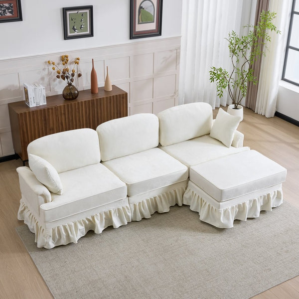 English Elm 103.15'' Chenille L-shaped Sectional Sofa with Detachable Pleated Skirt and Ottoman White W3612S00044