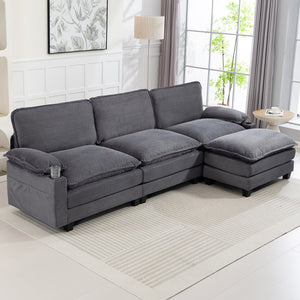English Elm 113" Modern 3+1 L-Shaped Corduroy Sofa with Double-Layer Cushions, Cup Holders & Storage Bags DARK GREY W2715S00004