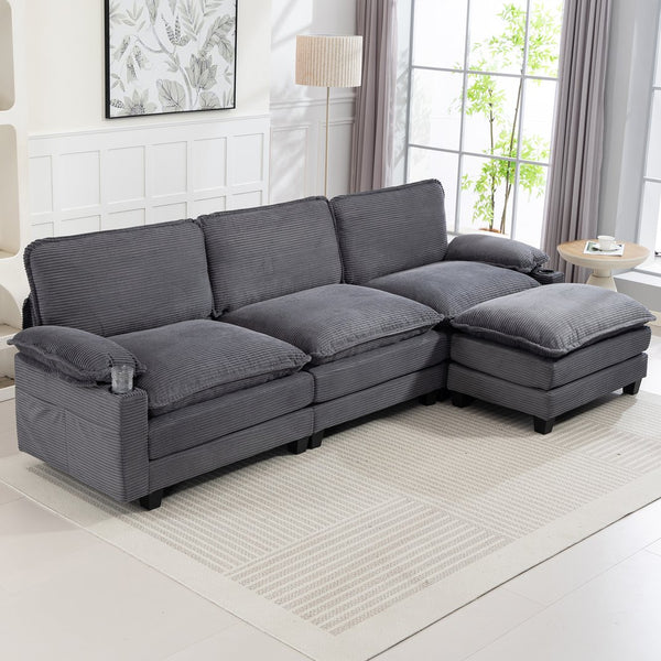 English Elm 113" Modern 3+1 L-Shaped Corduroy Sofa with Double-Layer Cushions, Cup Holders & Storage Bags DARK GREY W2715S00004