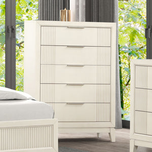 English Elm 1pc Chest Transitional Weathered Finish 5-Drawer Tall Dresser with Dentil Molding and Metal Knobs Antique White 40 L x 20 W x 52 H B2741P370394