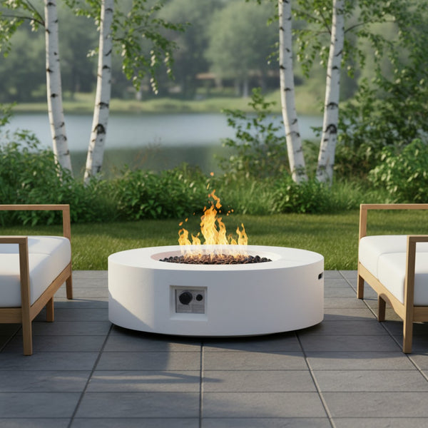 English Elm Lightweight Concrete Round Fire Pit 50000 Btu Propane Patio Gathering Focal Point N772P390497W