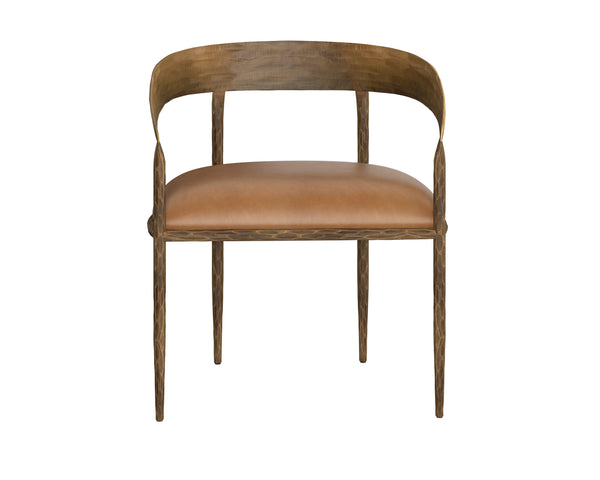 Sunpan Zanatta Dining Armchair – Handcrafted Antique Brass Frame with Unique Hammered Metal Detailing Tan Leather