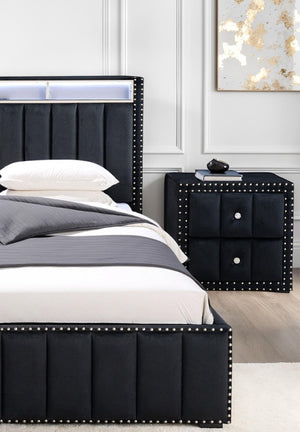 English Elm Beige Fabric Upholstered Nightstand with Channel Tufting Nailhead Trim and Crystal Knobs Black B2741P421103
