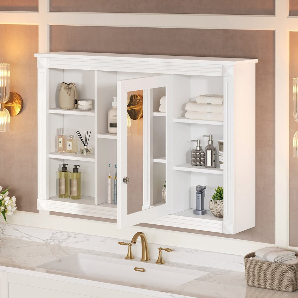 English Elm 42'' Wall Mount Medicine Cabinet White Mdf Mirror Door Six Open Shelves Towel Rod N710P363544K