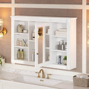 English Elm 42'' Wall Mount Medicine Cabinet White Mdf Mirror Door Six Open Shelves Towel Rod N710P363544K