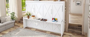 English Elm Queen Murphy Bed with Fold Down Desk Led Lighting and Usb Port for Home Office White W1580S00456