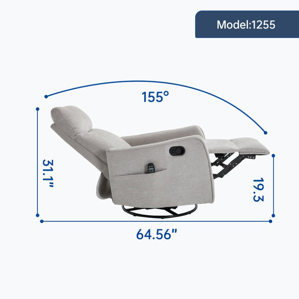 English Elm Blue Fabric Swivel Rocker Recliner with Massage Heat Nodes for Living Room Comfort Light Gray W1803P321838