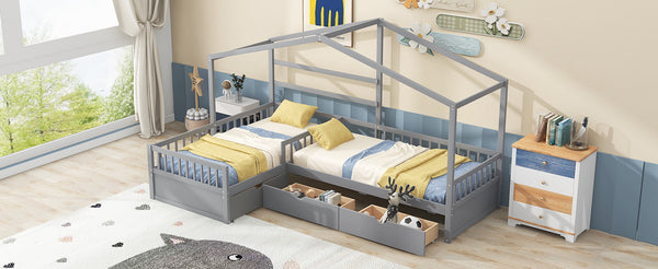 English Elm Twin House Platform Bed with Three Storage Drawers for Kids, Solid Pine & MDF, Sleek Roof Design Gray GX001026AAE