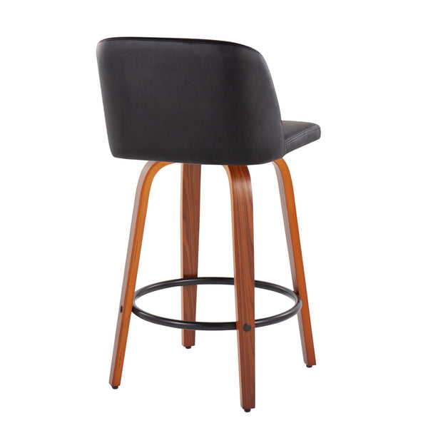 English Elm Toriano Mid-Century Counter Stool Set of 2 with Walnut Legs, Swivel Seat, Faux Leather Upholstery and Footrest Black B202S00438