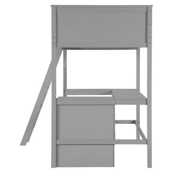 English Elm Twin Loft Bed with Built-in Desk and Open Shelves Solid Pine Kids Study Sleep Gray LT001537AAE-1