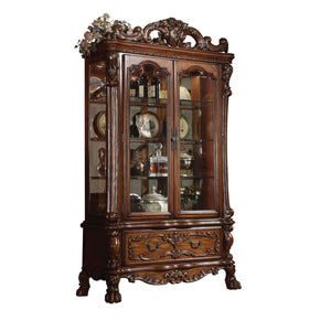 English Elm Dresden Cherry Oak Finish Curio Cabinet with Mirrored Back, Glass Shelves, Felt Drawer & Claw Legs B2726S00303