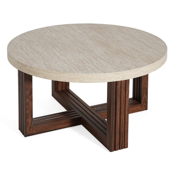 English Elm Round Marble Pattern Coffee Table with Cross Wood Base for Modern Living Rooms N770P365808M