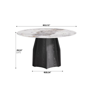 English Elm 53" Round Marble Dining Table - Elegant Sintered Stone Top & Solid Oak Base For 6 People Comfort W1535S00457