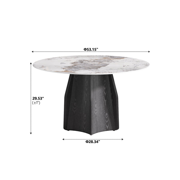 English Elm 53" Round Marble Dining Table - Elegant Sintered Stone Top & Solid Oak Base For 6 People Comfort W1535S00457