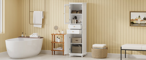 English Elm 63" Tall Bathroom Vanity Cabinet with Glass Doors, Two Drawers and Adjustable Shelves for Stylish Storage White N729P171305K