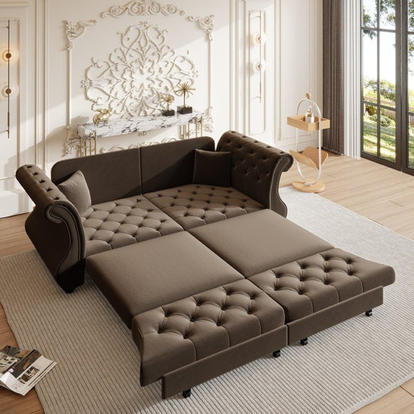 English Elm 83.8" Chesterfield Sleeper Sofa Velvet Upholstered with Flower Tufting for Living Room Brown W1885S00402