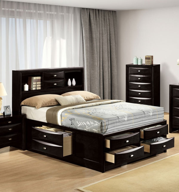 English Elm Contemporary Eastern King Storage Bed Set with Bookcase Headboard in Matte Black Wood B2741S00573