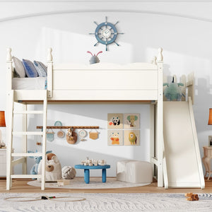 English Elm Twin Loft Bed Solid Pine Frame with Wardrobe Shelving Detachable Slide Kids Room Beige W5305S00023