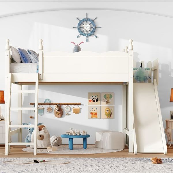 English Elm Twin Loft Bed Solid Pine Frame with Wardrobe Shelving Detachable Slide Kids Room Beige W5305S00023