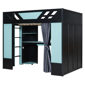 English Elm Full Size Loft Bed with Desk Blackout Curtains Rgb Lighting and Integrated Storage Black+Blue LT000377AAC