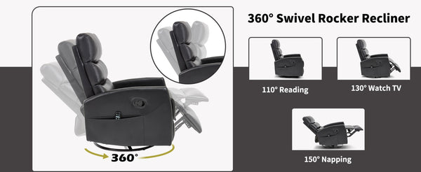 English Elm Heat Massage Rocker Recliner with 360 Swivel Fabric Upholstery for Living Room Comfort Black W3224P505201