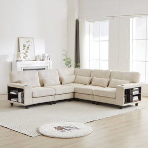 English Elm 102.75*102.75" L-Shaped Modular Sectional Sofa with Corduroy Upholstery, Storage Arm, Cup Holder, 5-Seat Convertible Lounge Beige W1926S00053