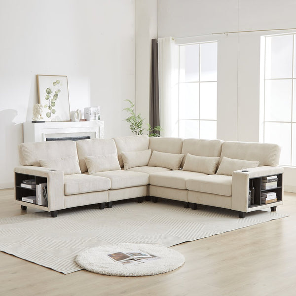 English Elm 102.75*102.75" L-Shaped Modular Sectional Sofa with Corduroy Upholstery, Storage Arm, Cup Holder, 5-Seat Convertible Lounge Beige W1926S00053