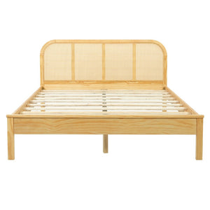 English Elm Queen Solid Pine Bed Frame with Woven Rattan Headboard for Coastal Boho Bedrooms N758Q465253N