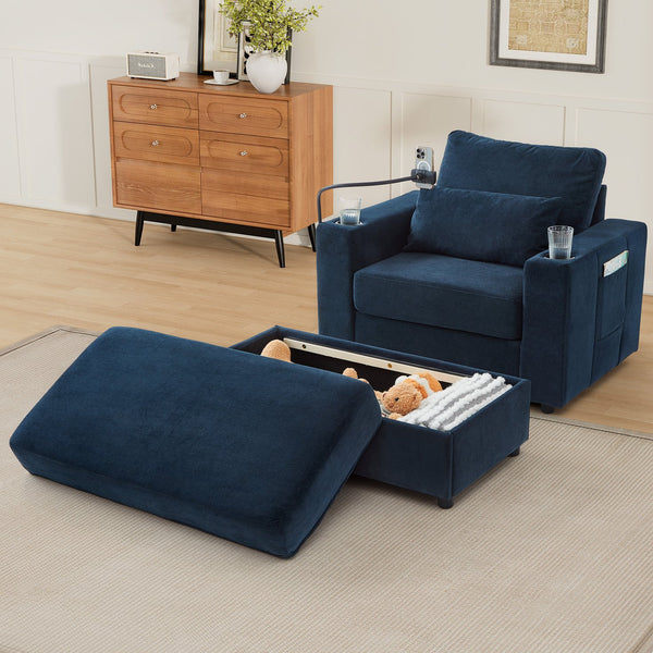 English Elm Modern Multifunctional Armchair with Chaise Lounge, Hidden Ottoman Storage, USB Ports & Cup Holders Blue N719P292700C