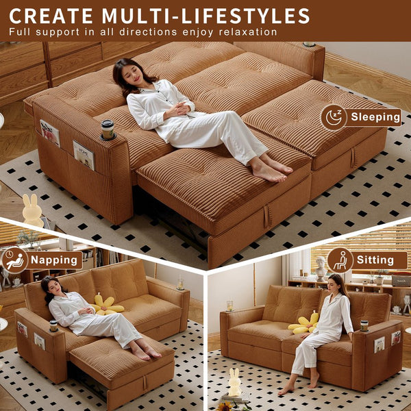 English Elm SOMNUS Convertible Sofa Bed with Corduroy Upholstery, Space-Saving 2-in-1 Design, Durable Steel Frame Orange W3820S00012