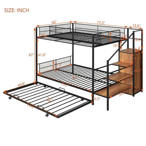 English Elm Twin Metal Bunk Bed with Trundle, Lateral Storage Ladder & Wardrobe | Space-Saving Durable Design Black SF000173AAB
