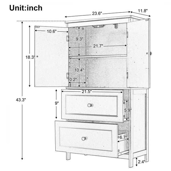 English Elm Bathroom Storage Cabinet with Two Doors and Drawers, Adjustable Shelf, MDF Finish, Slim 28"L x 15"W Black N725P188460B