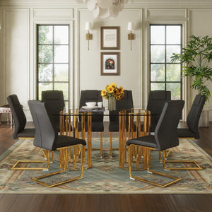 English Elm Table and Chair Set 8 Seater Oval Glass Dining with Glamorous Gold Base Modern Luxe Black+Gold,Transparent W1151S04721