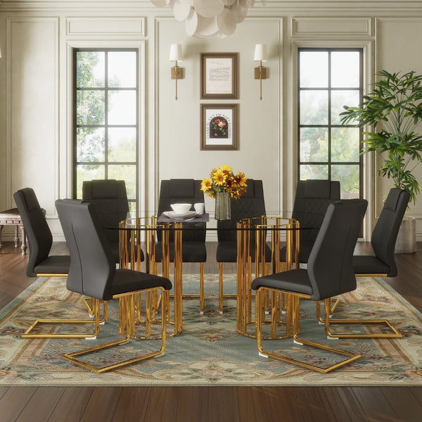 English Elm Table and Chair Set 8 Seater Oval Glass Dining with Glamorous Gold Base Modern Luxe Black+Gold,Transparent W1151S04721