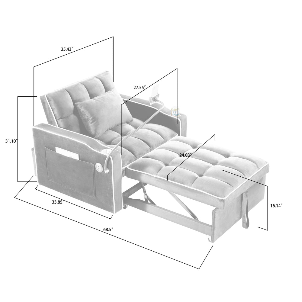 English Elm Convertible Sleeper Chair with USB & Cup Holders, Velvet Folding Pull-Out Sofa Bed for Small Spaces Black W2353P186315