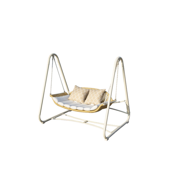 English Elm Outdoor 2-Seat Patio Porch Swing with Steel Frame, PE Rattan, 750lb Capacity, Plush Cushions, Weatherproof White W1859S00076