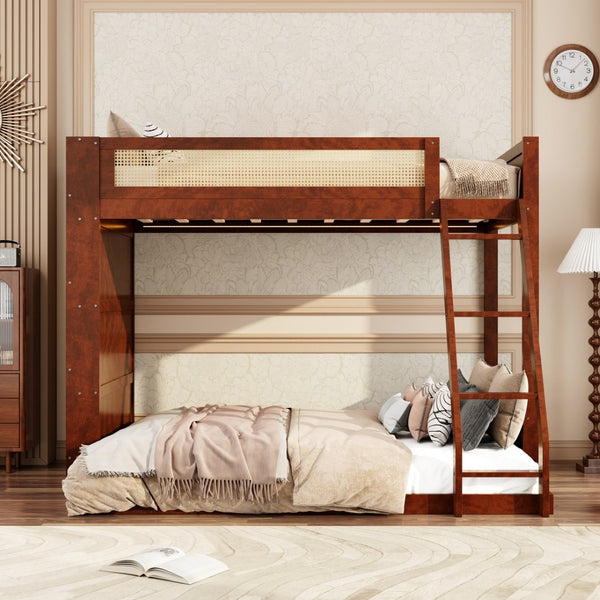 English Elm Twin Over Full Bunk Bed with Cane Guardrail Led Lighting and Built-in Bookshelf Espresso LT000351AAP
