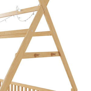 English Elm Twin Montessori Floor Bed House Frame with Led Lighting and Safety Rails for Kids Natural W2593P440591